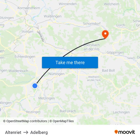Altenriet to Adelberg map