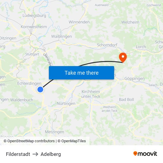 Filderstadt to Adelberg map