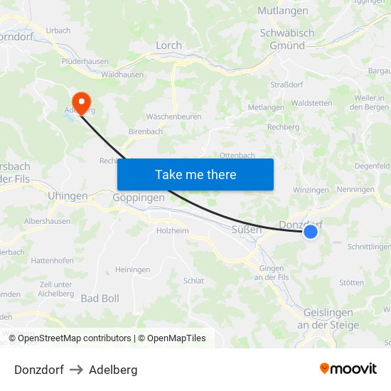 Donzdorf to Adelberg map