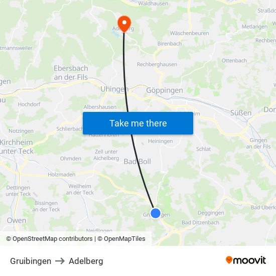 Gruibingen to Adelberg map