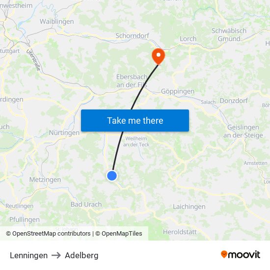 Lenningen to Adelberg map