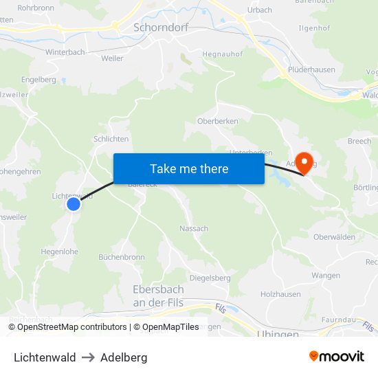 Lichtenwald to Adelberg map