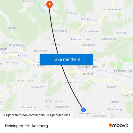 Heiningen to Adelberg map
