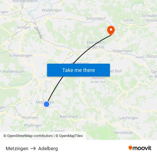 Metzingen to Adelberg map