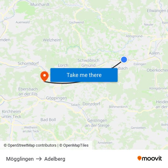 Mögglingen to Adelberg map