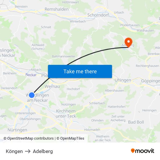 Köngen to Adelberg map
