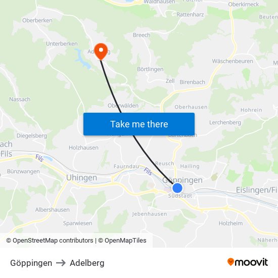 Göppingen to Adelberg map