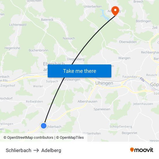 Schlierbach to Adelberg map