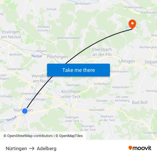 Nürtingen to Adelberg map