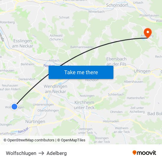 Wolfschlugen to Adelberg map