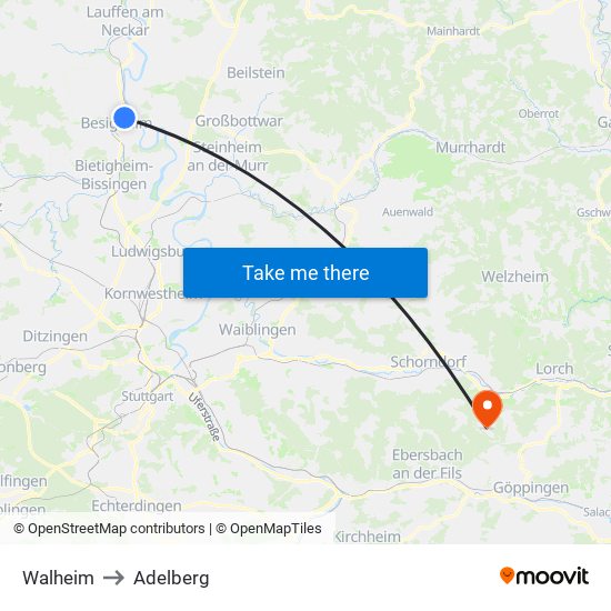 Walheim to Adelberg map