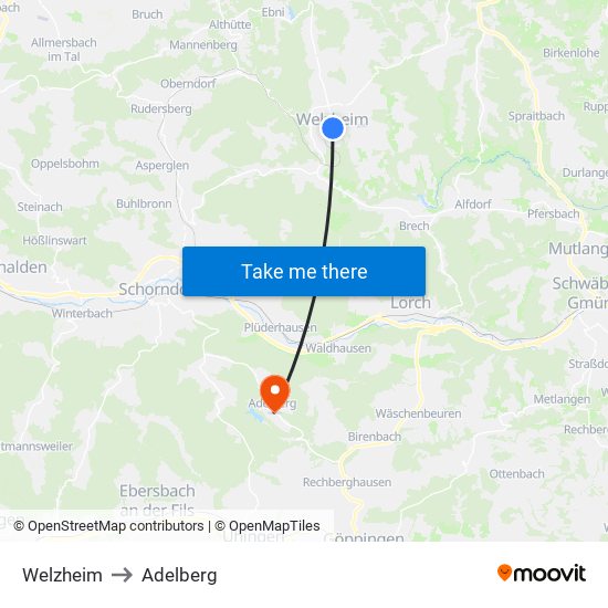 Welzheim to Adelberg map
