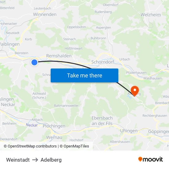 Weinstadt to Adelberg map