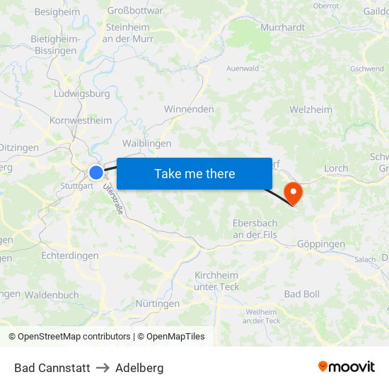 Bad Cannstatt to Adelberg map