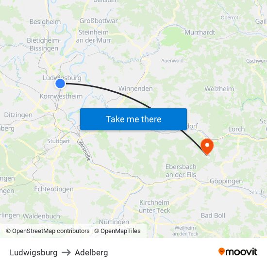 Ludwigsburg to Adelberg map