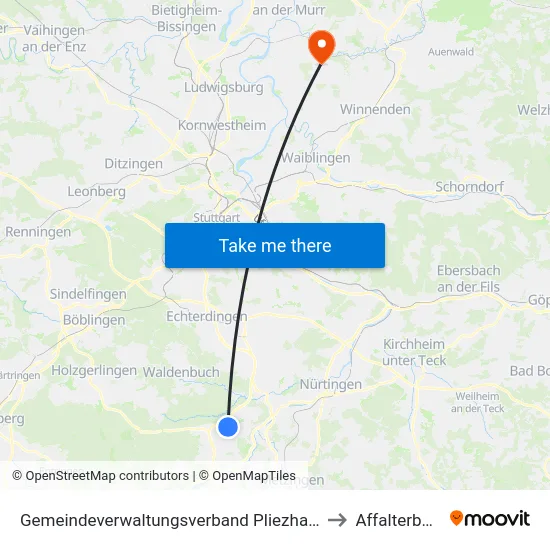 Gemeindeverwaltungsverband Pliezhausen to Affalterbach map