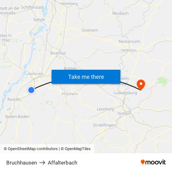 Bruchhausen to Affalterbach map