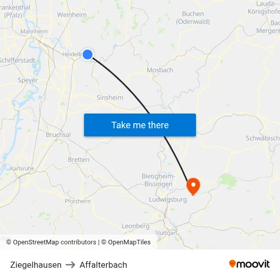 Ziegelhausen to Affalterbach map