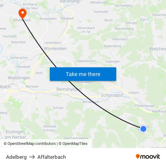 Adelberg to Affalterbach map