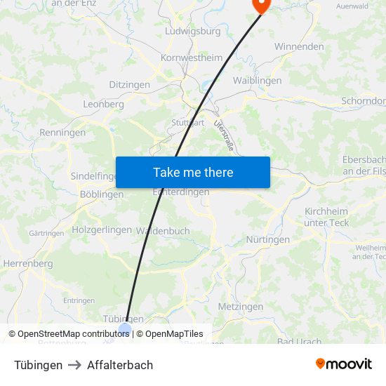 Tübingen to Affalterbach map