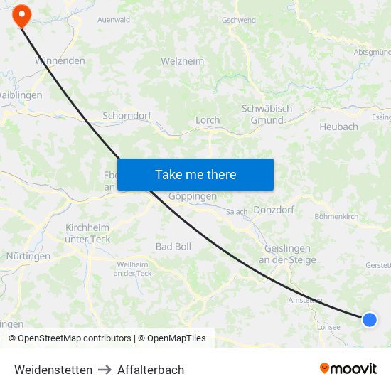 Weidenstetten to Affalterbach map