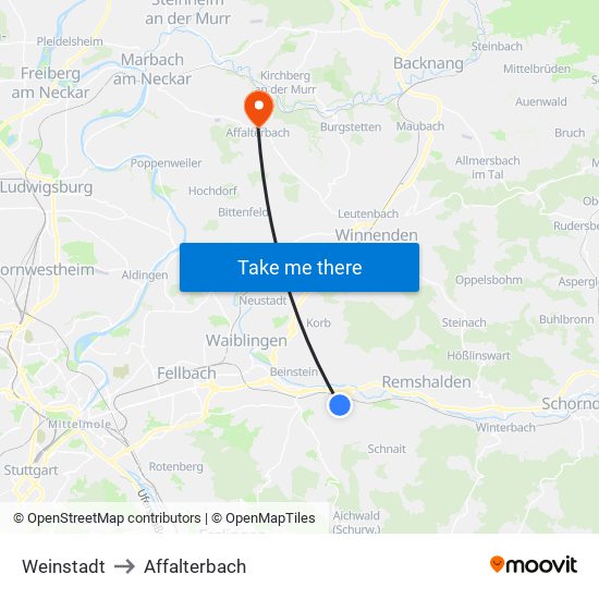 Weinstadt to Affalterbach map