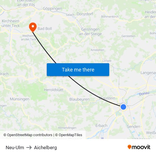 Neu-Ulm to Aichelberg map