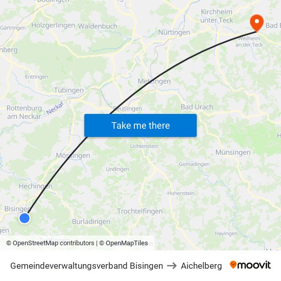 Gemeindeverwaltungsverband Bisingen to Aichelberg map