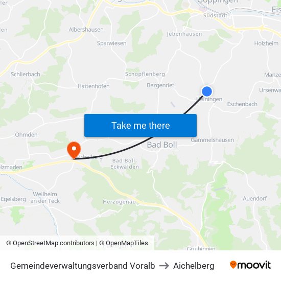 Gemeindeverwaltungsverband Voralb to Aichelberg map