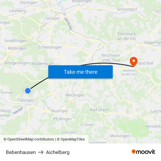 Bebenhausen to Aichelberg map