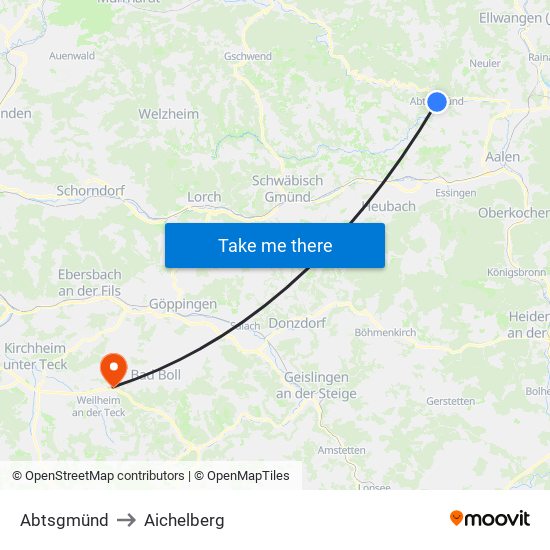 Abtsgmünd to Aichelberg map