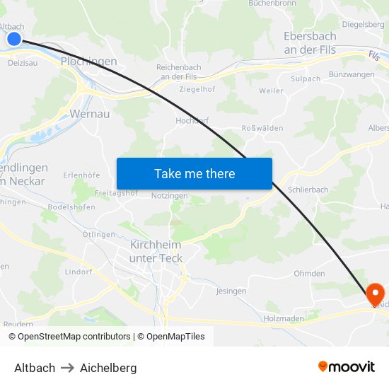 Altbach to Aichelberg map