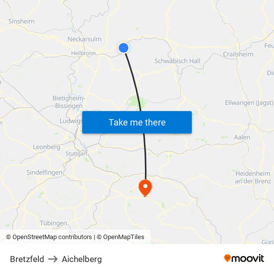 Bretzfeld to Aichelberg map