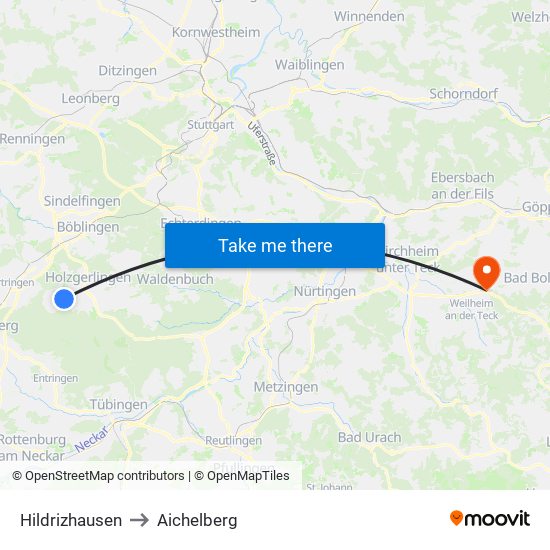 Hildrizhausen to Aichelberg map