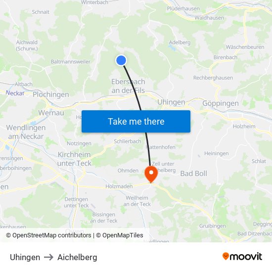 Uhingen to Aichelberg map
