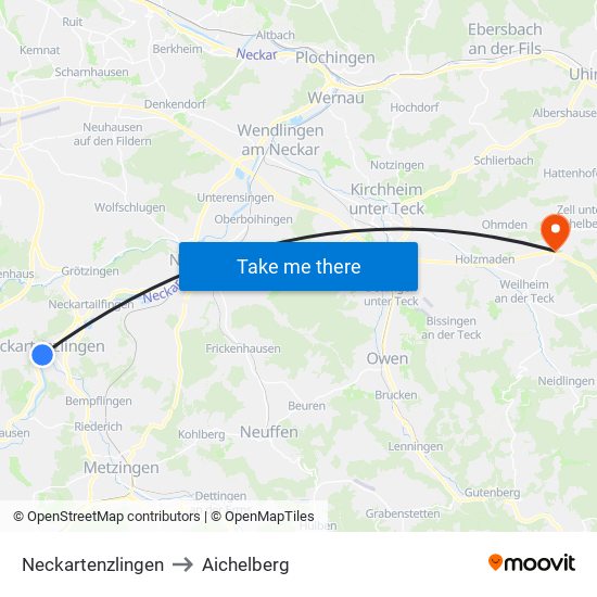 Neckartenzlingen to Aichelberg map