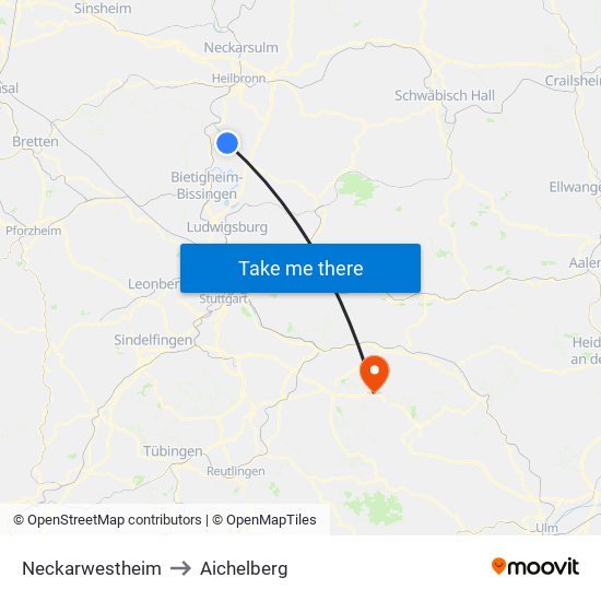 Neckarwestheim to Aichelberg map