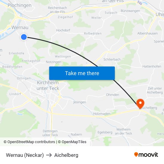 Wernau (Neckar) to Aichelberg map
