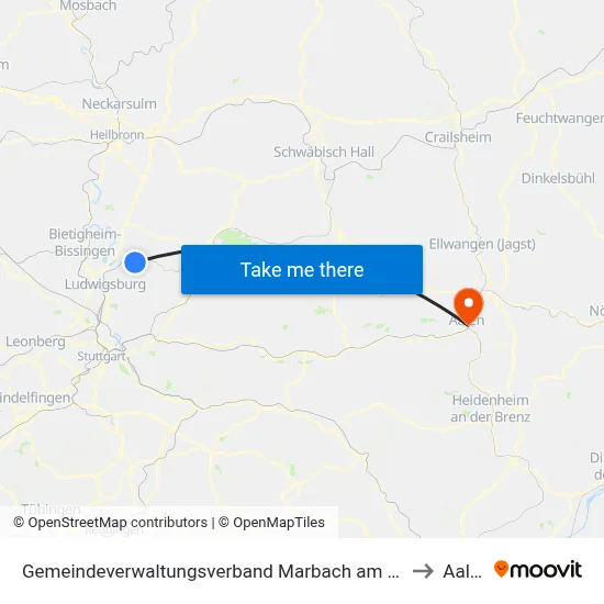 Gemeindeverwaltungsverband Marbach am Neckar to Aalen map