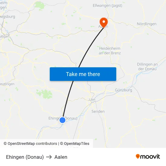 Ehingen (Donau) to Aalen map