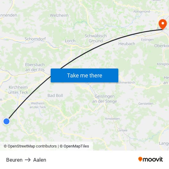 Beuren to Aalen map