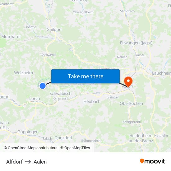 Alfdorf to Aalen map