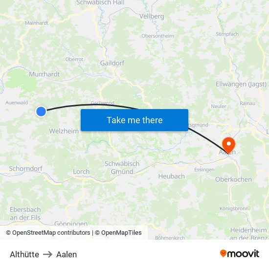 Althütte to Aalen map