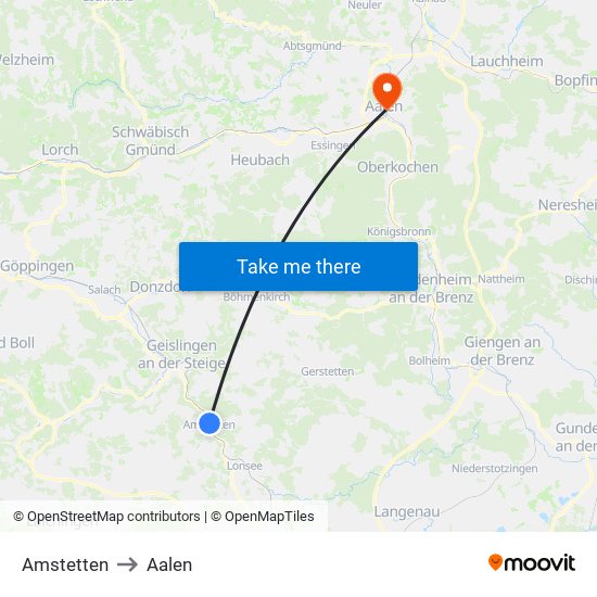 Amstetten to Aalen map
