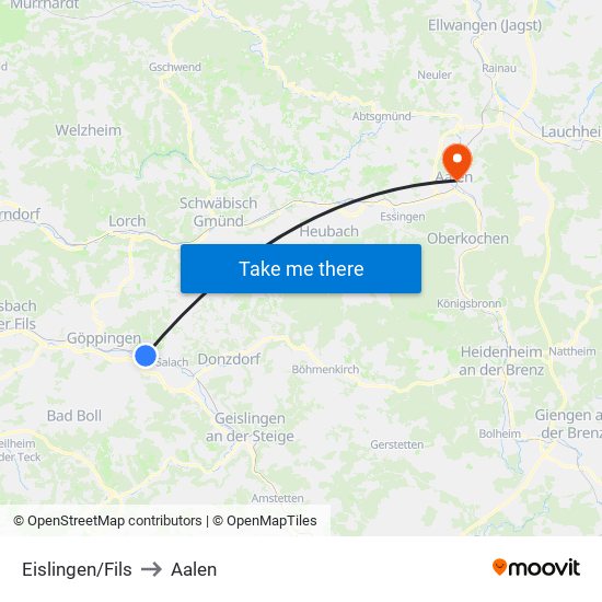 Eislingen/Fils to Aalen map