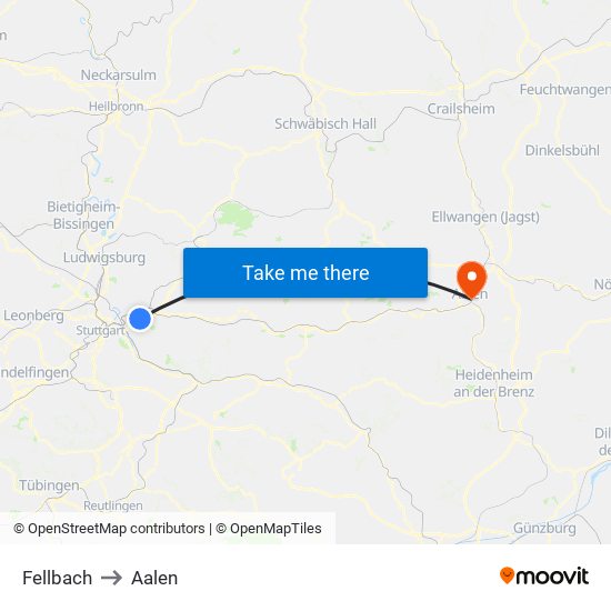 Fellbach to Aalen map