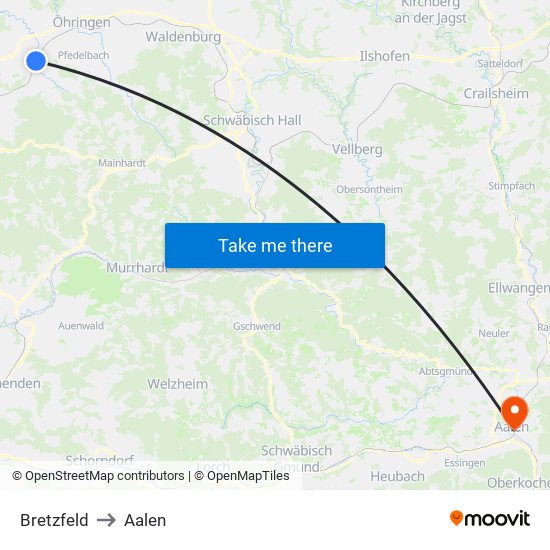 Bretzfeld to Aalen map