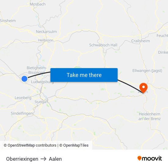 Oberriexingen to Aalen map