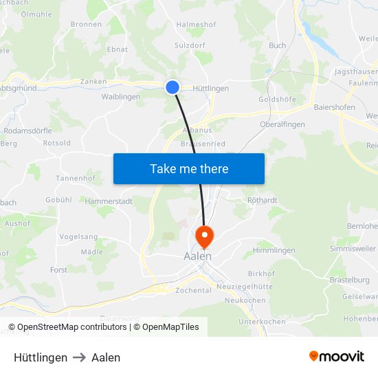 Hüttlingen to Aalen map