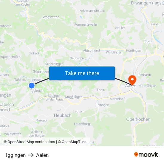 Iggingen to Aalen map